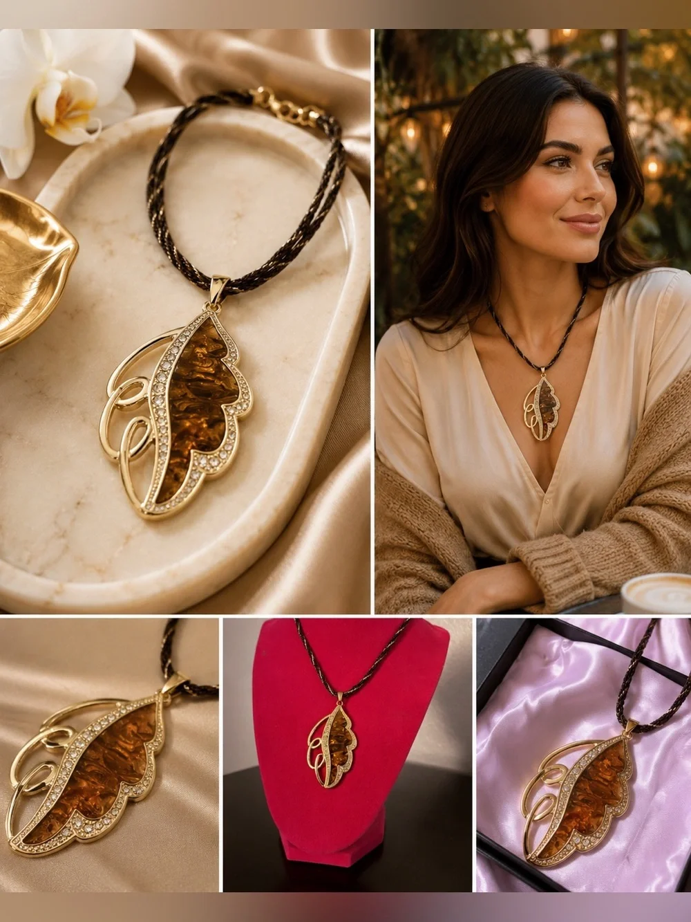 Gold Tone Amber Leaf Statement Pendant Necklace | Crystal Botanical Design